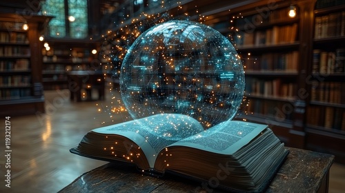 The scene depicts an open book with a holographic display showcasing interactive digital content in a library, underscoring the merging of technology and education photo