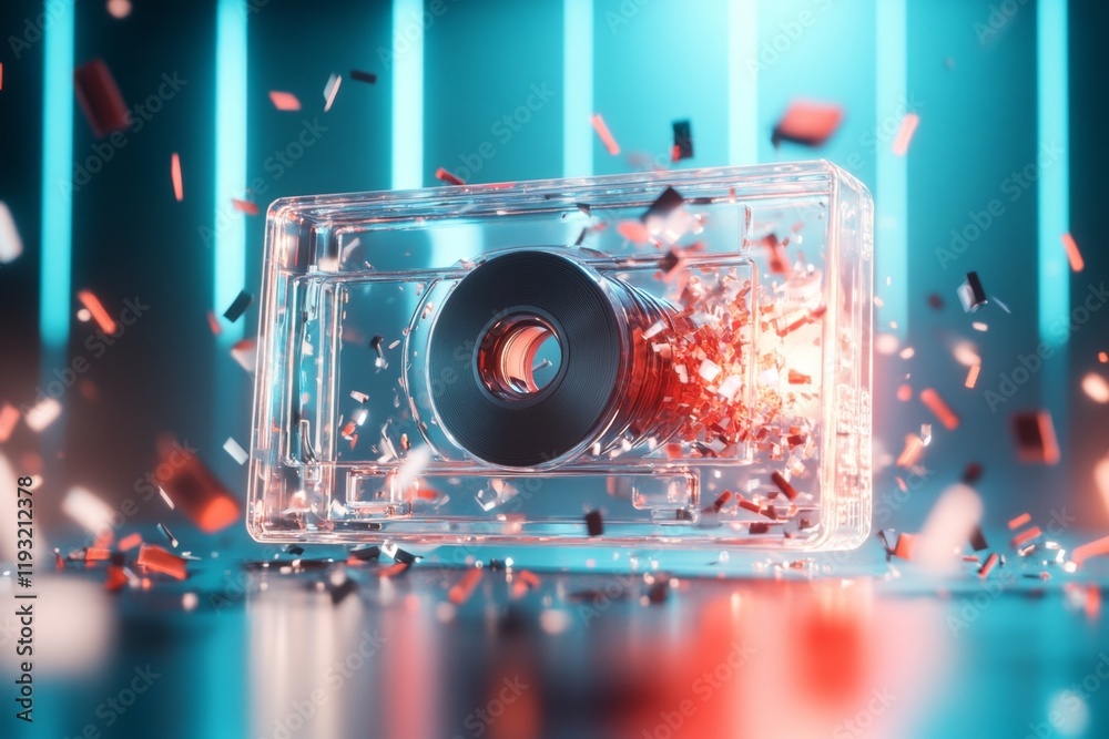 Fototapeta premium A stylized icon of a VHS player ejecting a tape, with clean lines and a subtle retro color palette