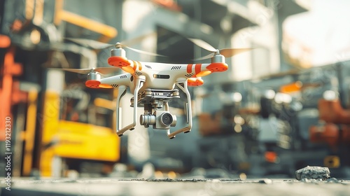 Aerial footage is being captured by a drone above a large industrial site, with workers on the ground utilizing wearable technology to monitor and adjust operations in real-time