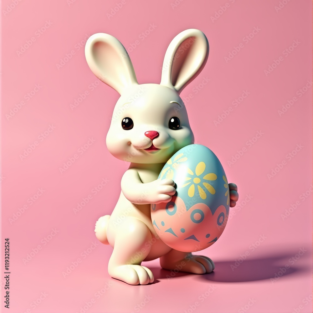 Fototapeta premium Cute Easter Bunny holding an egg on pink background in rounded 3d render style