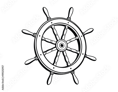 black and white nautical ship wheel illustration, detailed maritime helm drawing, vintage boat steering wheel, hand-drawn sailor's helm, classic marine navigation symbol, ship steering wheel clipart