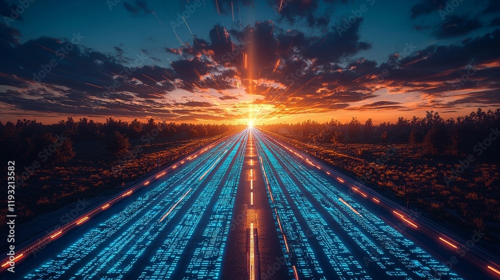 An aerial view of a night urban setting, rendered with digital art showcasing futuristic light trails and technology concepts An aerial view of a night urban setting, rendered with digital art showcasing futuristic light trails and technology concepts