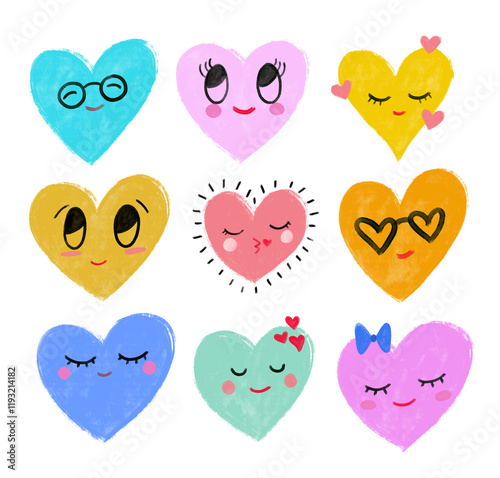 Set collections cute colorful valentines heart love character doodle illustration watercolor crayon emoticon smiley emoji face digital planner sticker