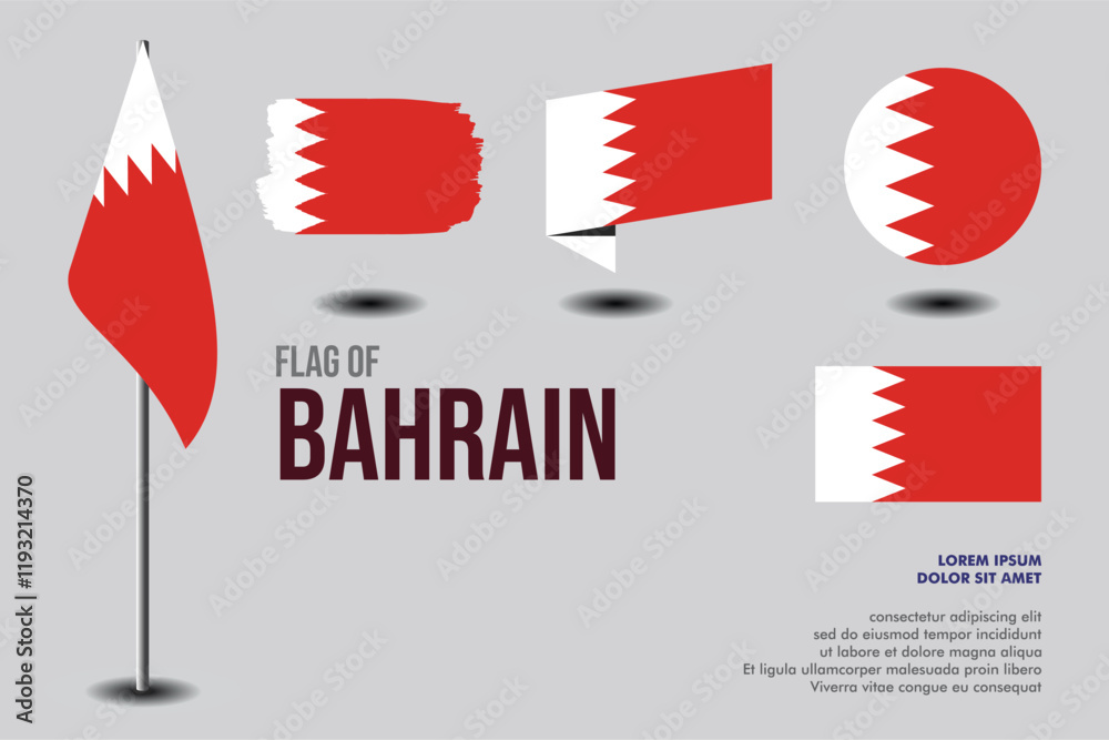 Obraz premium Set of Bahrain flag in 5 designs: flag on pole, brush stroke, skew, round and standard. vector, flat, isolated on grey background