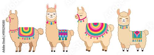 Cute cartoon llama alpaca vector illustrations set. Funny animal characters with floral elements for nursery design, poster, greeting, birthday card, baby shower design and party decoration isolated