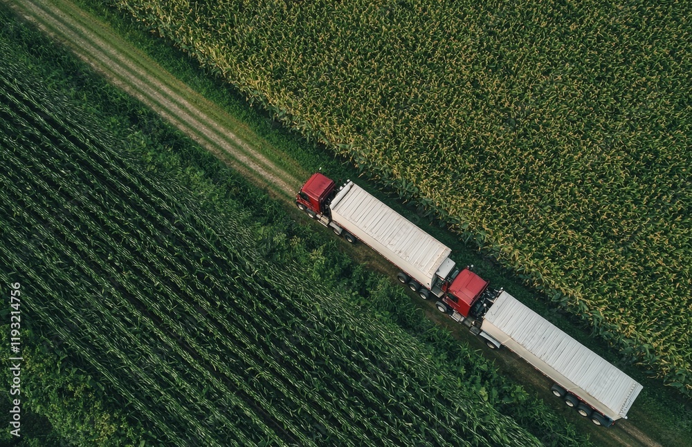 Obraz premium An aerial shot captures corn harvest in the fields, featuring a transporter and a harvester