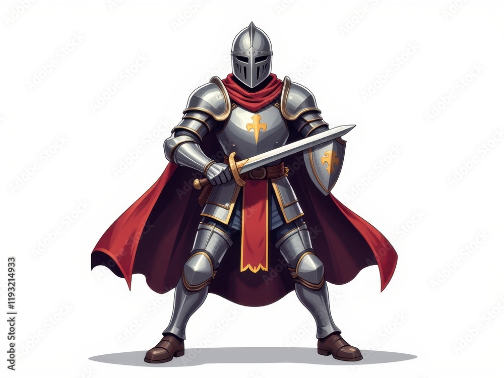 Powerful Medieval Knight in Full Armor Red Cape Sword and Shield Illustration Powerful Medieval Knight in Full Armor Red Cape Sword and Shield Illustration