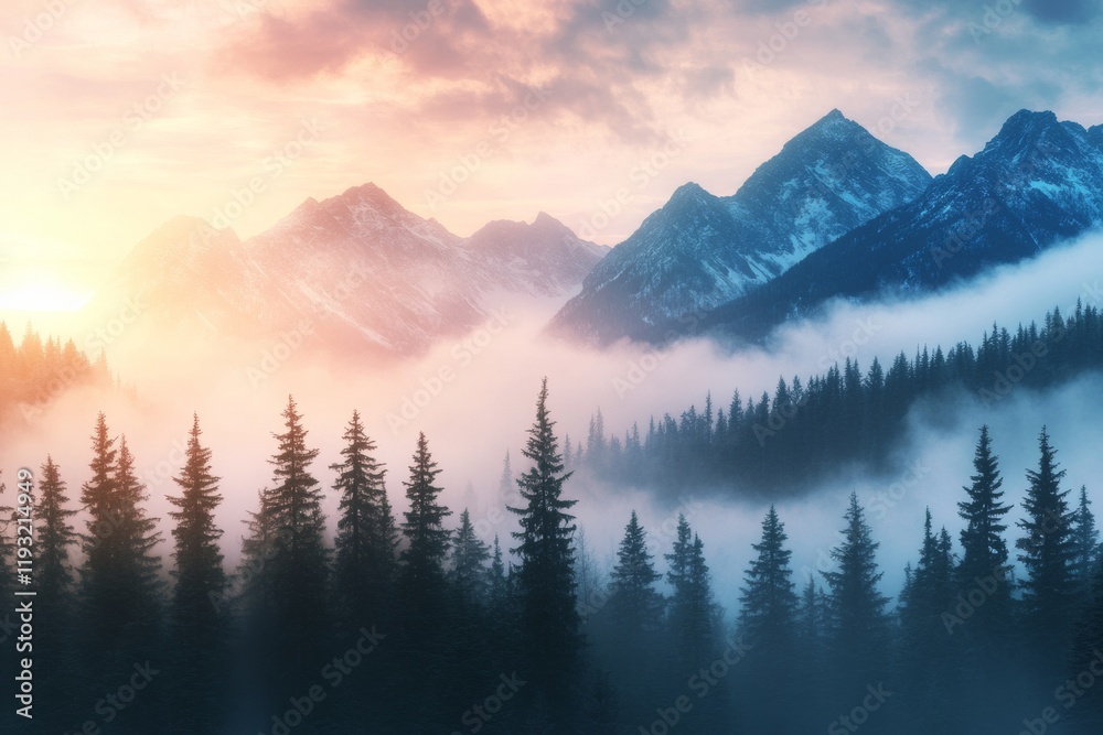 Obraz premium Misty Mountain Majesty: Sunrise Over a Serene Forest
