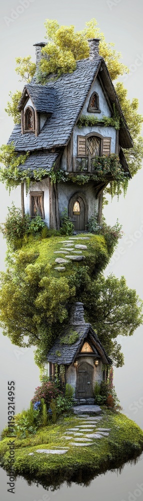 A whimsical house integrated with lush greenery and trees, showcasing nature's harmony. A whimsical house integrated with lush greenery and trees, showcasing nature's harmony.
