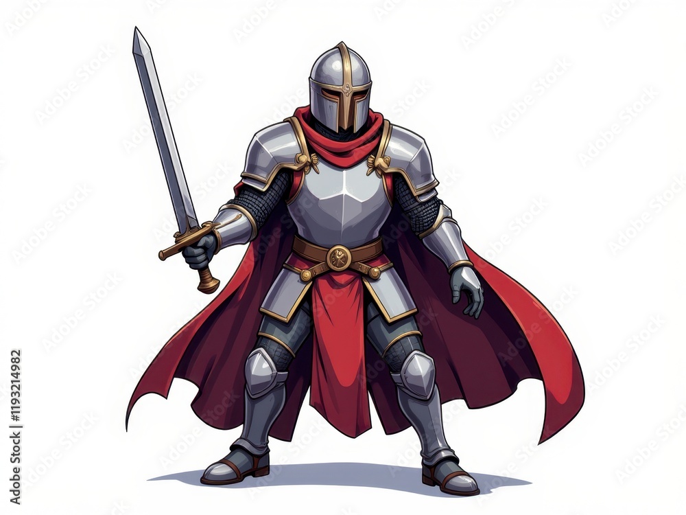 Brave Medieval Knight in Full Armor Holding Sword Red Cape Illustration Brave Medieval Knight in Full Armor Holding Sword Red Cape Illustration