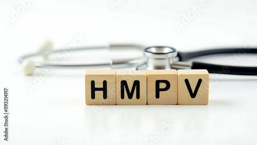 Stethoscope with Wooden Block Engraved HMPV, Medical Concept for Human Metapneumovirus Awarenes