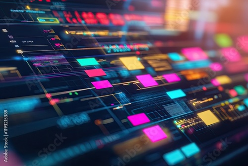 Wallpaper Mural close-up of digital planning board with colorful sticky notes and glowing timeline display Torontodigital.ca