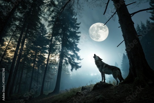 A wolf's howl pierces the darkness of a forest under a full moon, its ethereal call echoing through the trees, nighttime, forest photo