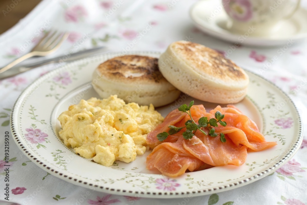 A delicate and dainty breakfast plate filled with steamed eggs smoked salmon and toasted English muffins set against a soft floral background, still life, flowers, plate, morning, breakfast A delicate and dainty breakfast plate filled with steamed eggs smoked salmon and toasted English muffins set against a soft floral background, still life, flowers, plate, morning, breakfast