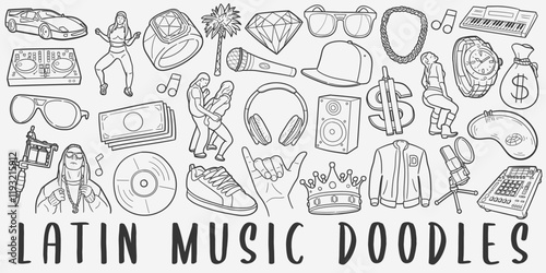 Latin Music Doodle Icons. Hand Made Line Art. Reggaeton Clipart Logotype Symbol Design.	
