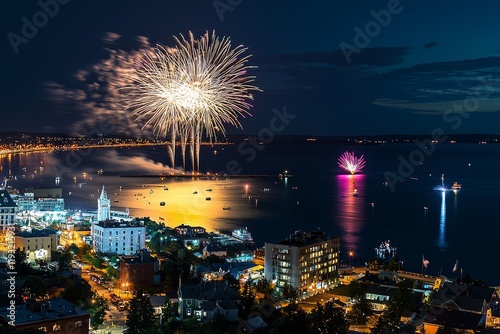 Victory Day is celebrated with festive fireworks, shown in aerial shots photo