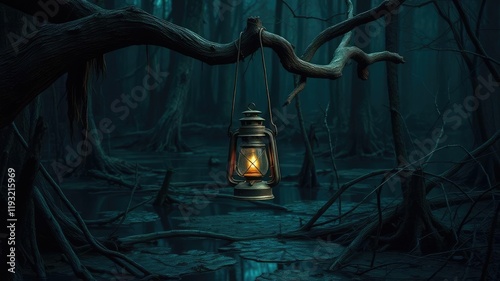 A decrepit old lantern hangs crookedly from a decaying tree branch in the depths of a dark, foreboding swamp filled with murky waters and tangled undergrowth, branch, dark photo