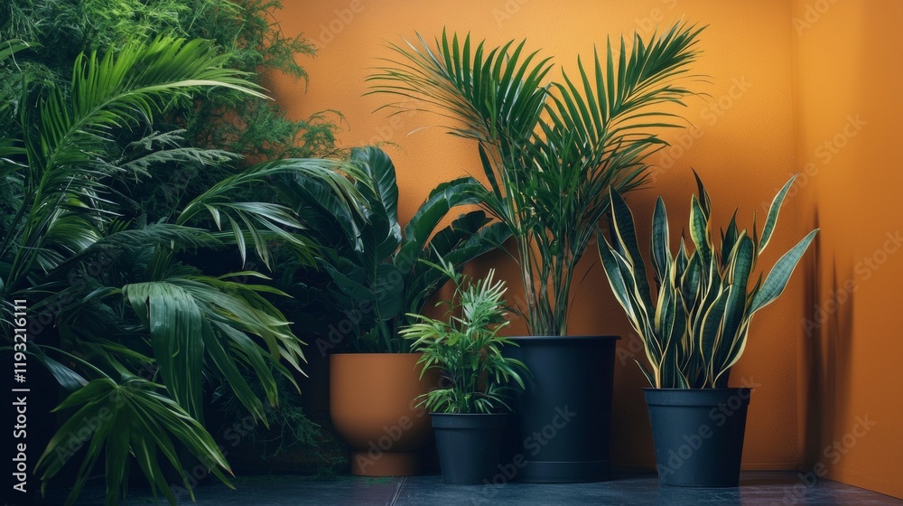 Fototapeta premium Lush green plants in modern pots against a warm orange wall