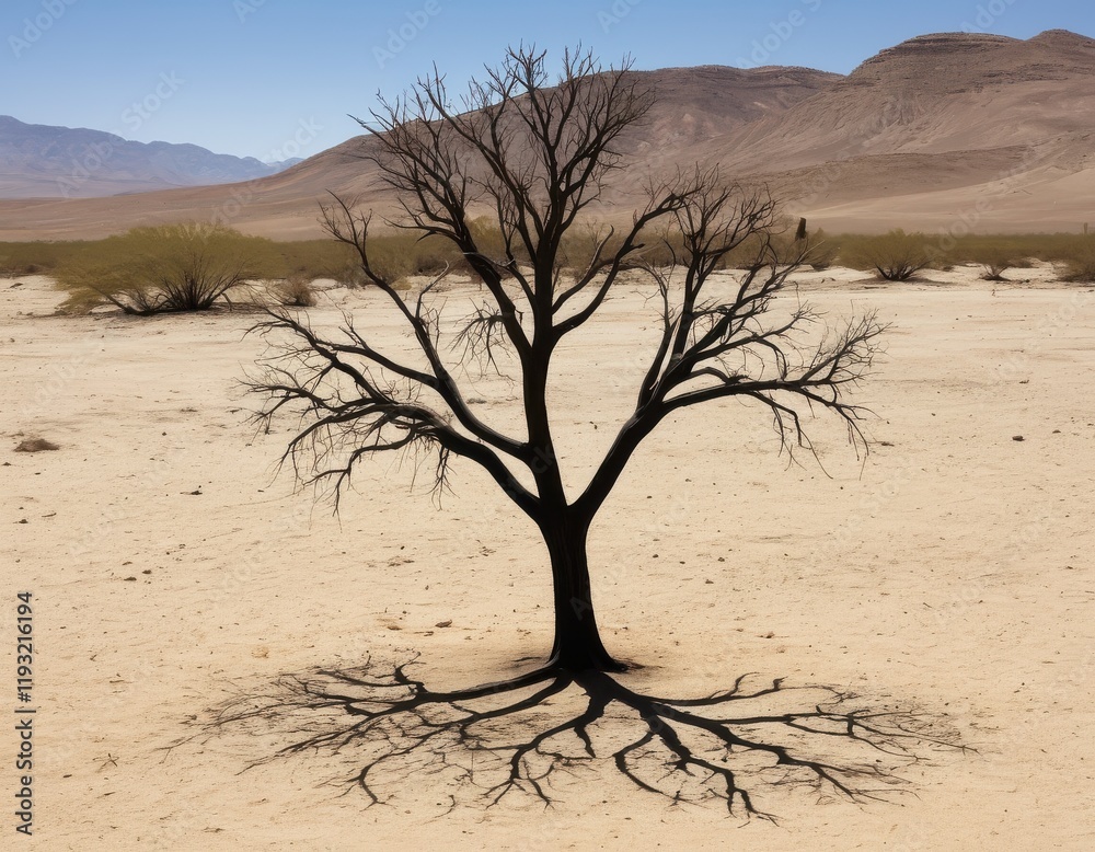 A solitary dead tree and its long shadow on the desert ground with mountains on horizon...Concept: Dry environment, desolation, bare landscape, arid, summer A solitary dead tree and its long shadow on the desert ground with mountains on horizon...Concept: Dry environment, desolation, bare landscape, arid, summer