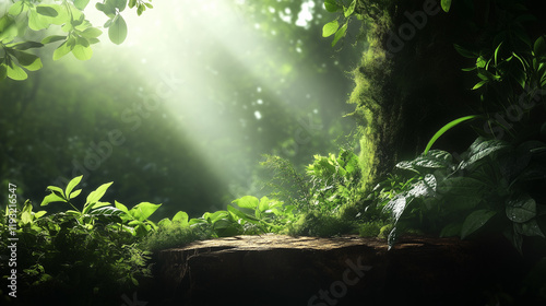 Natural mockup with stone platform and forest background for product display