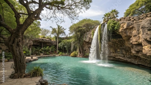 A waterfall plunges into a crystal-clear pool amidst ancient trees and exotic plants creating a sense of serenity, waterfall, outdoor haven, serene scene, greenery