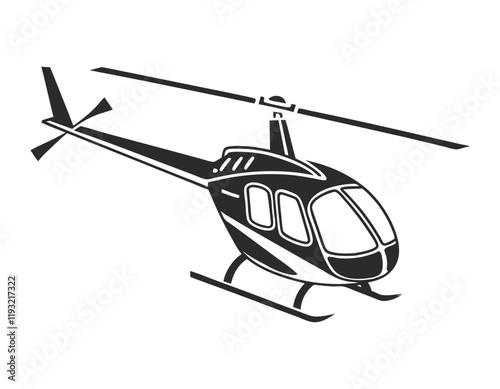 black and white vector illustration of a helicopter in flight, perfect for aviation-themed projects and designs