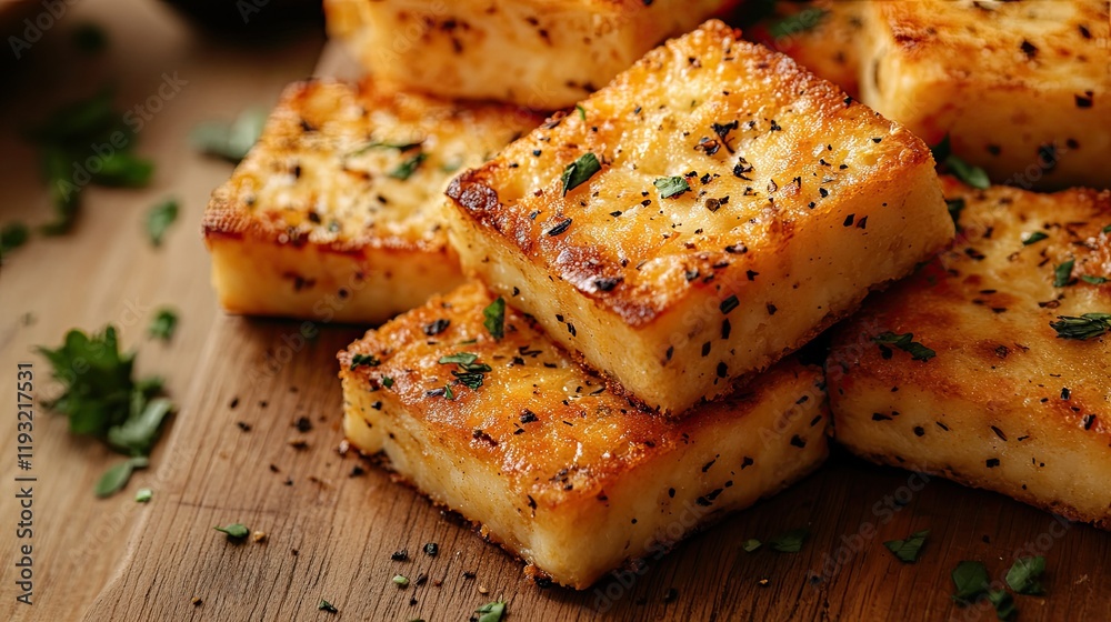 Pan-fried tofu cubes on wooden board, close-up. Recipe ingredient, food blog. Pan-fried tofu cubes on wooden board, close-up. Recipe ingredient, food blog.