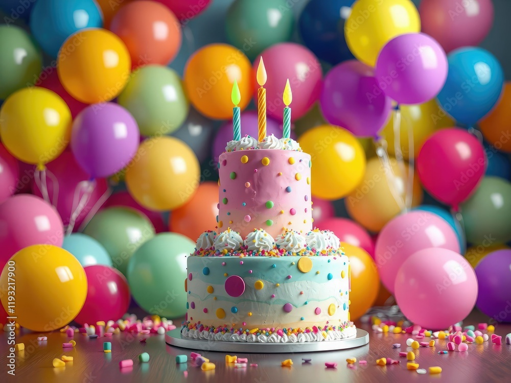 A vibrant and colorful birthday cake stands out amidst an array of balloons in various colors behind it, birthday cake, festive decor, balloon arrangements A vibrant and colorful birthday cake stands out amidst an array of balloons in various colors behind it, birthday cake, festive decor, balloon arrangements