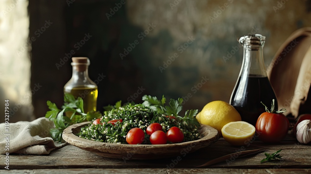 Rustic Tabbouleh Salad with Tomatoes, Lemon, and Herbs. Food Photography. Rustic Tabbouleh Salad with Tomatoes, Lemon, and Herbs. Food Photography.
