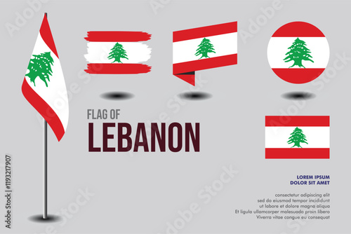 Set of Lebanon flag in 5 designs: flag on pole, brush stroke, skew, round and standard. vector, flat, isolated on grey background