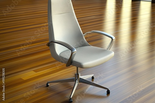 3d render of modern ergonomic office chair with sleek metal arms and high backrest placed on polished wooden floor