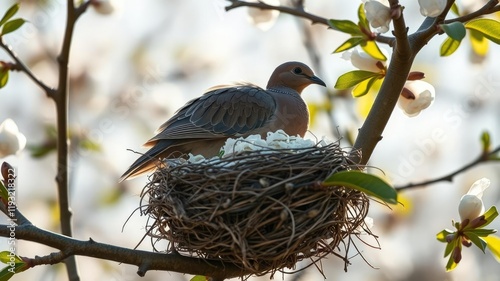 A turtledove's feathers scattered around its nest on an almond tree branch in the morning light, turtledove, morning light