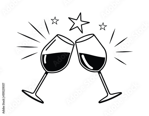 illustration of two wine glasses toasting with celebratory stars, ideal for events, parties, and celebration-themed designs