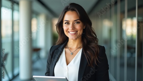 Portrait of young Hispanic professional business woman standing in office. Happy female company executive, smiling businesswoman entrepreneur corporate leader manager looking at camera using tablet