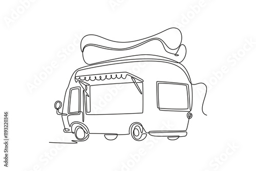 Food truck with street food concept. Single line draw design vector graphic illustration.