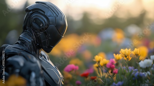 A sleek, black cyberpunk robot moves and looks gracefully among colorful flowers during the golden hour. The lush garden contrasts with the robot's metallic design, creating a unique harmony. photo