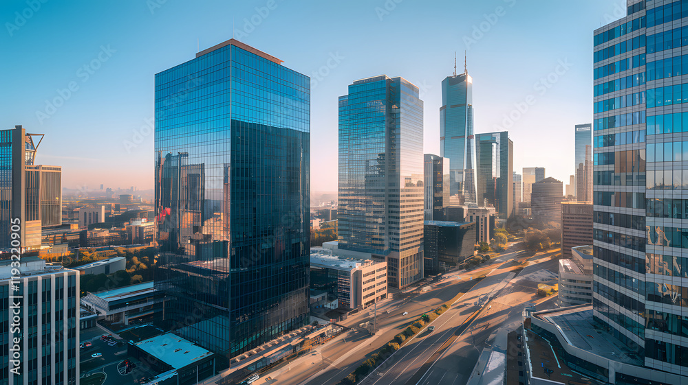 Fototapeta premium Business district buildings exterior showcasing modern architecture and urban landscape, symbolizing progress and innovation in city development.