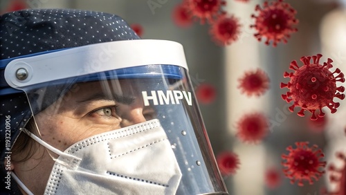 Protective Mask and Visor Close-Up with 'HMPV': Respiratory Illness Prevention and Virus Threat Concept, Human Metapneumovirus (HMPV)