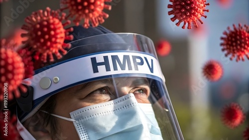 Protective Mask and Visor Close-Up with 'HMPV': Respiratory Illness Prevention and Virus Threat Concept, Human Metapneumovirus (HMPV)