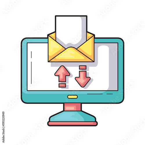 Monitor with email upload and download arrows, suitable for technology concepts, email communication, internet security, data transfer, and cyber technology