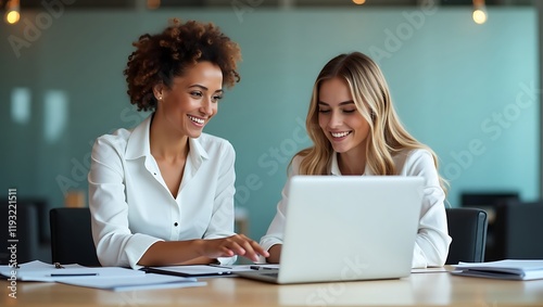 Two Professional Businesswomen Team Collaborating, Executive Leaders Discussing Financial Project at Office Meeting