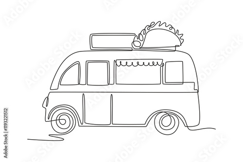 Food truck with street food concept. Single line draw design vector graphic illustration.