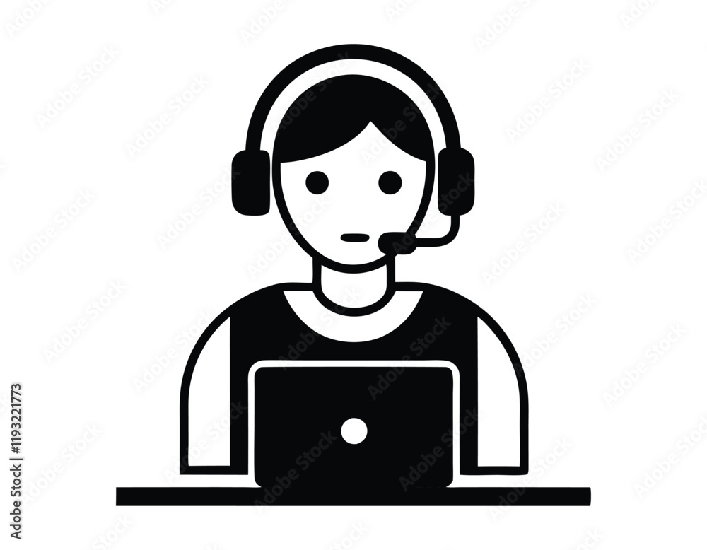 customer service representative icon: a person with a headset and microphone, sitting in front of a laptop, symbolizing online support or call center assistance customer service representative icon: a person with a headset and microphone, sitting in front of a laptop, symbolizing online support or call center assistance
