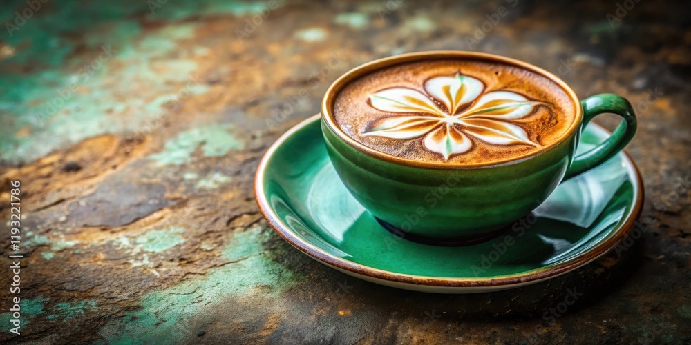 Aromatic coffee beverage with exquisite latte art in a teal cup on a rustic surface Aromatic coffee beverage with exquisite latte art in a teal cup on a rustic surface