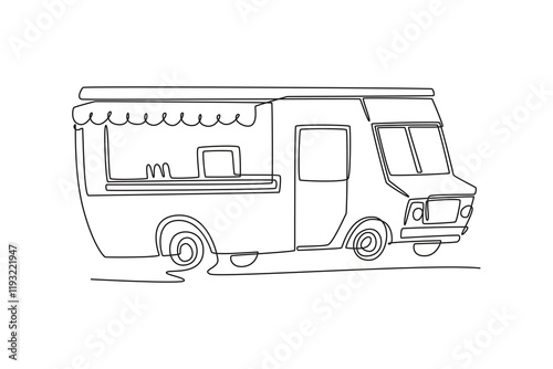 Food truck with street food concept. Single line draw design vector graphic illustration.