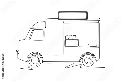 Food truck with street food concept. Single line draw design vector graphic illustration.