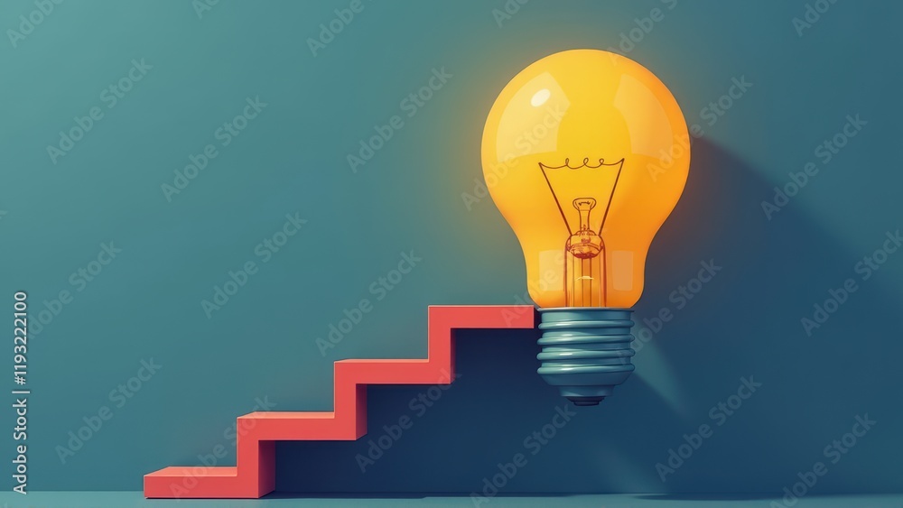 Bright Idea Glowing Light Bulb on Staircase to Success Bright Idea Glowing Light Bulb on Staircase to Success