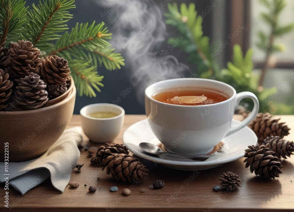 A steaming cup of tea on a cold morning sits next to a bowl of fresh pine cones, pine, winter A steaming cup of tea on a cold morning sits next to a bowl of fresh pine cones, pine, winter