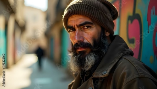 Vagabond man with a hardened expression and bright eyes, blurred city buildings behind