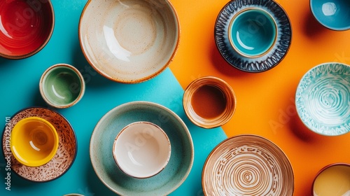 Colorful ceramic plates and bowls arranged on a vibrant backdrop